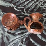 Duo of brown stoneware tealight holders with handle
