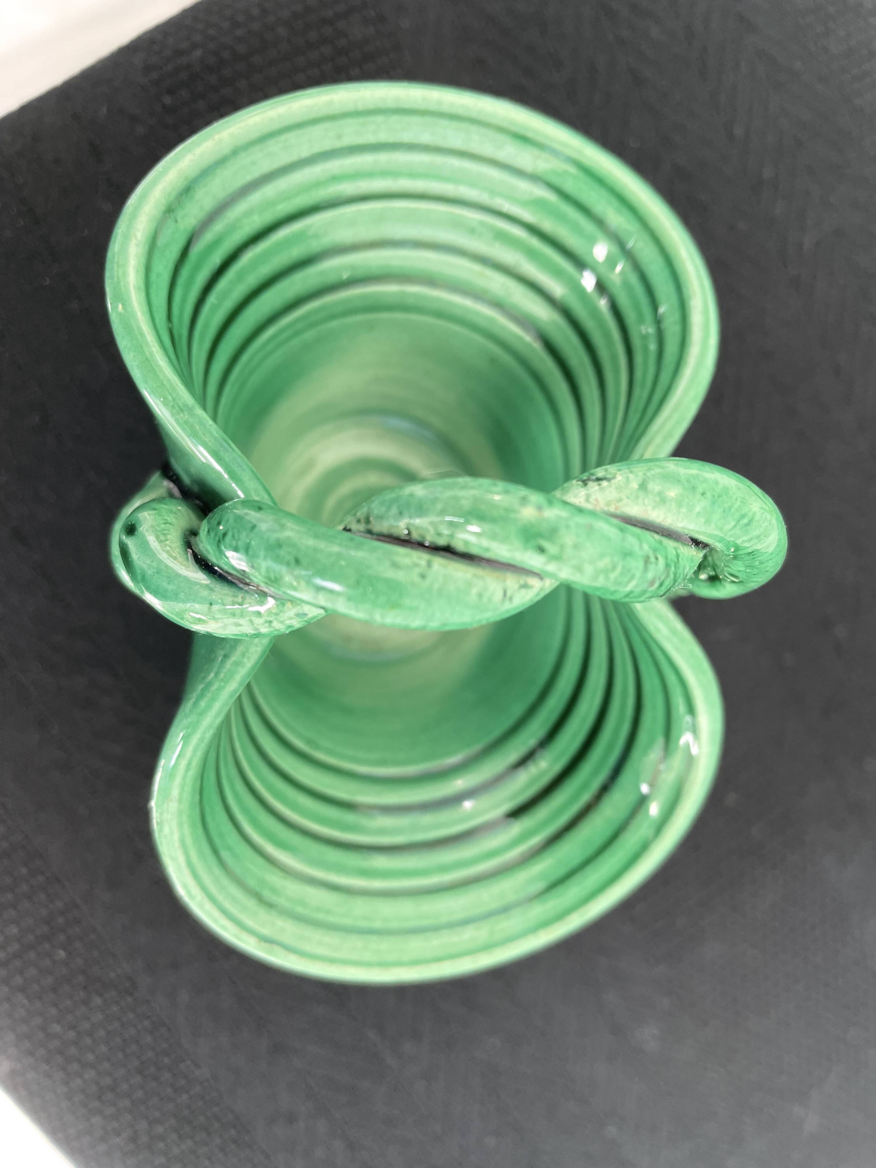 Vintage, woven basket, green, glazed earthenware, grooves, stylized, décor, French decoration, Fran