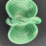 Vintage, woven basket, green, glazed earthenware, grooves, stylized, décor, French decoration, Fran
