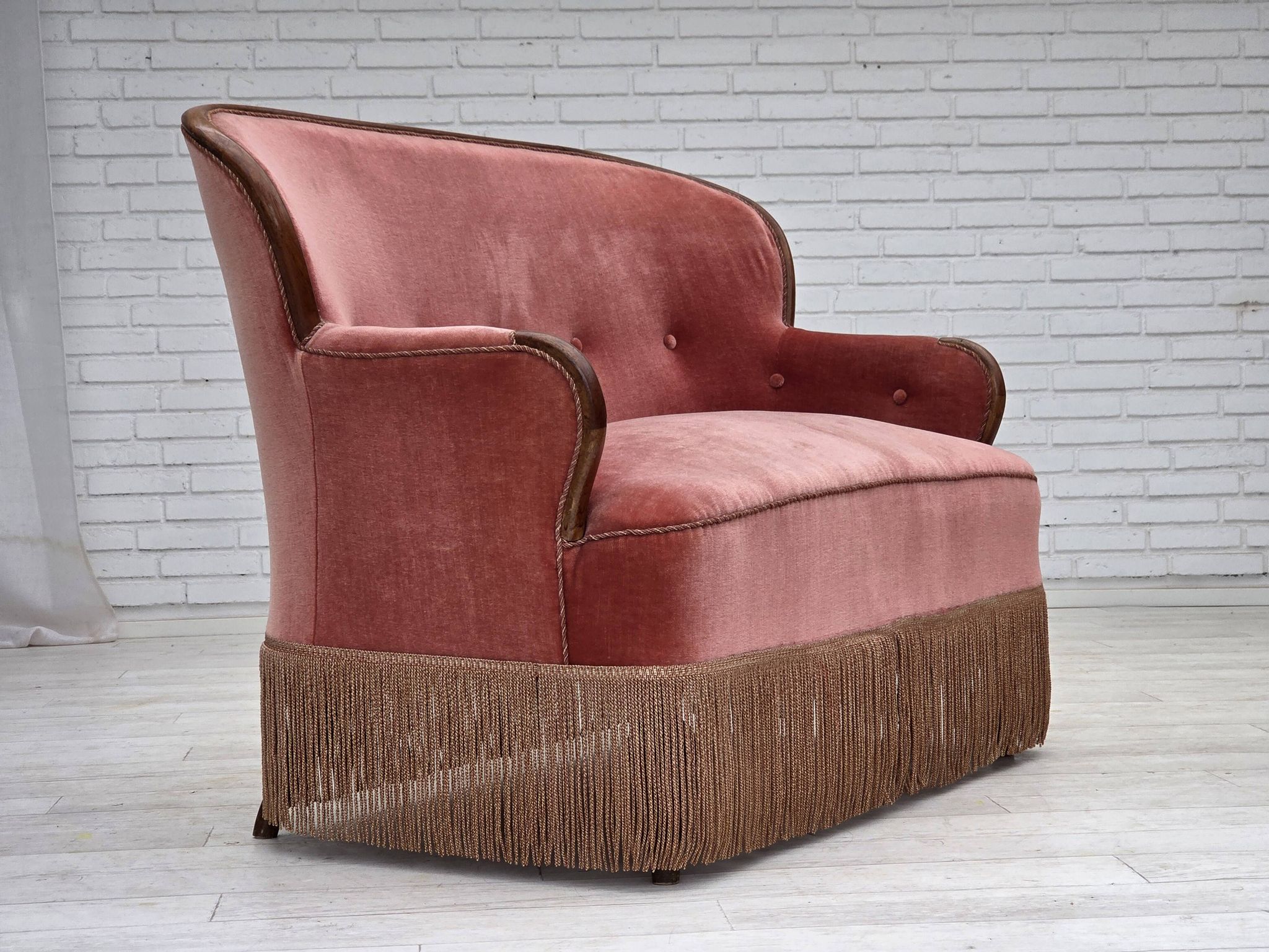 1930s, Danish 2-seater sofa, salmon pink furniture velour, ash wood.