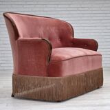 Canapé danois 2 places des années 1930, velours d'ameublement rose saumon, bois de frêne.