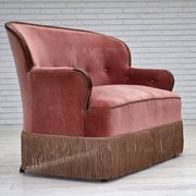 1930s, Danish 2-seater sofa, salmon pink furniture velour, ash wood.