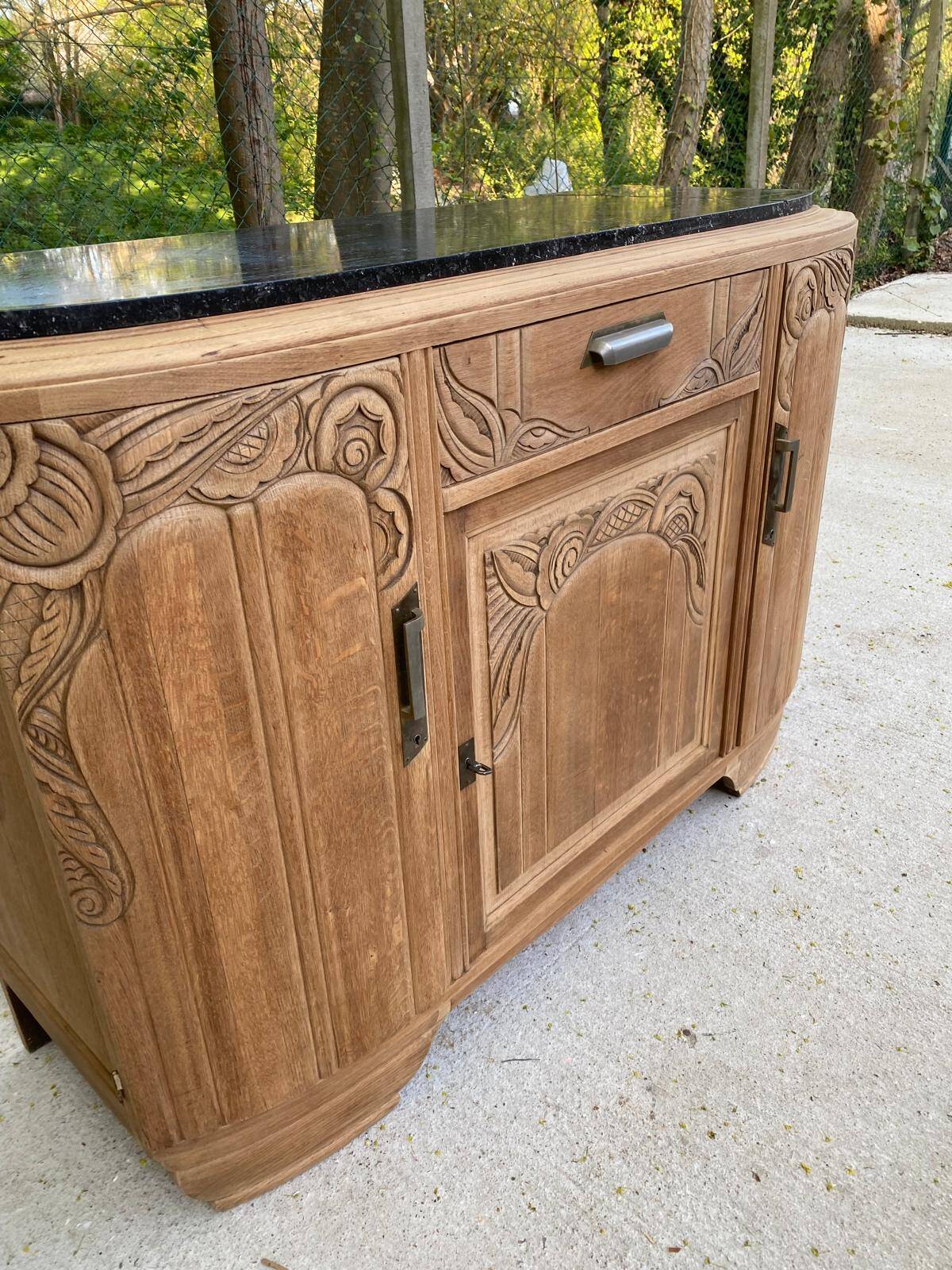 Renovated vintage Parisian art deco sideboard in solid oak and marble 1930