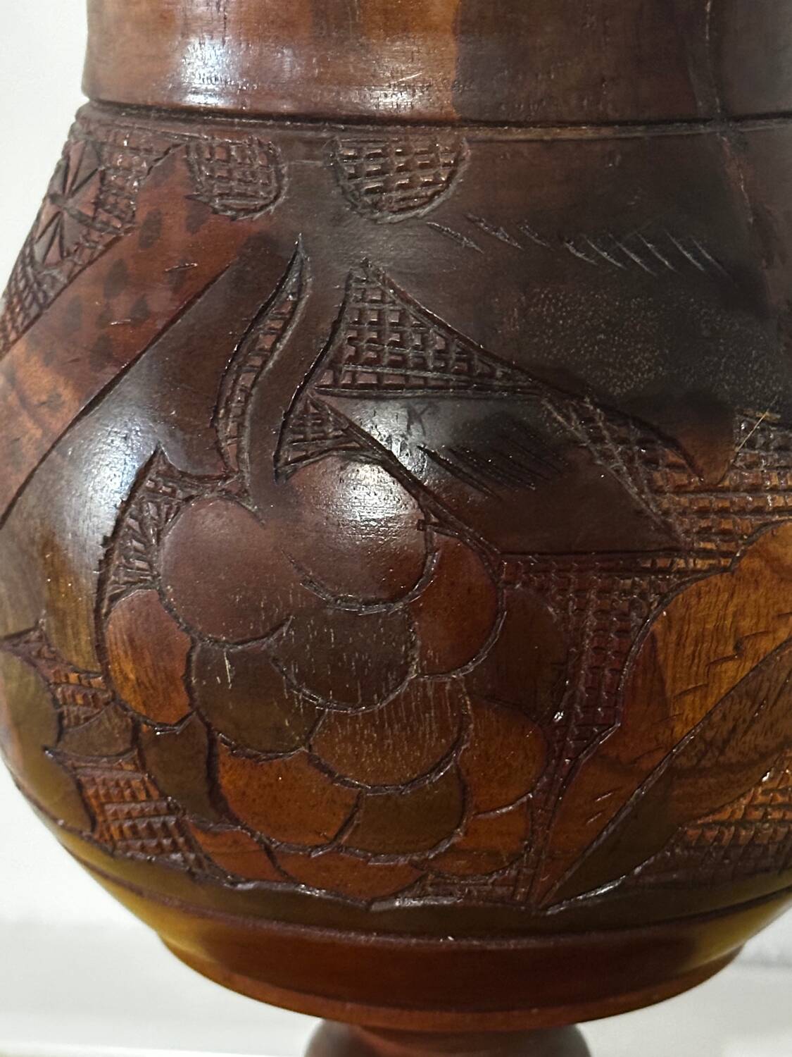 Vintage Turned and Carved Wooden Vase - Vine Decor H 28 cm