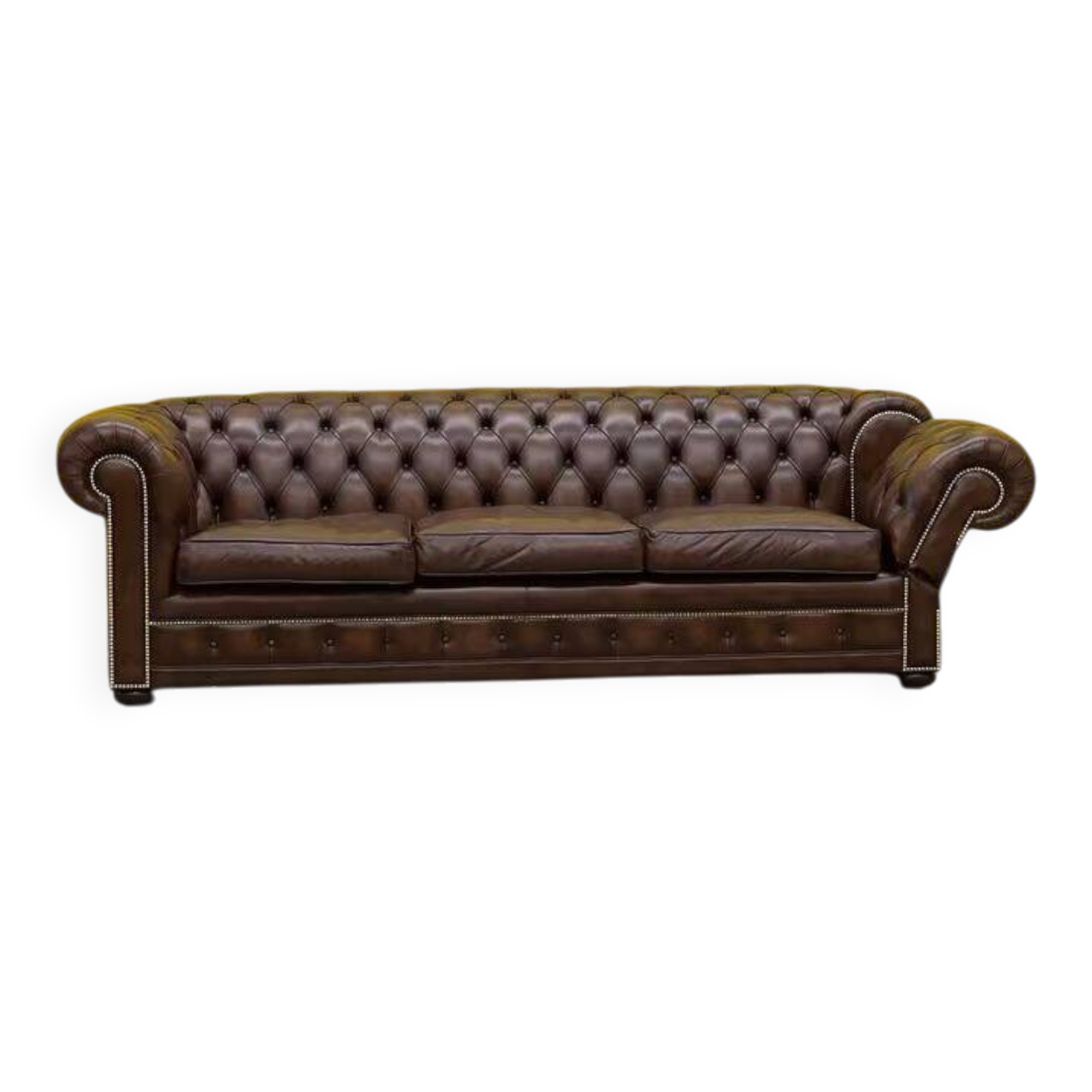 Original English Chesterfield 3-Seater Sofa – Handcrafted Brown Leather