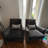 Set of 2 grey velvet armchairs