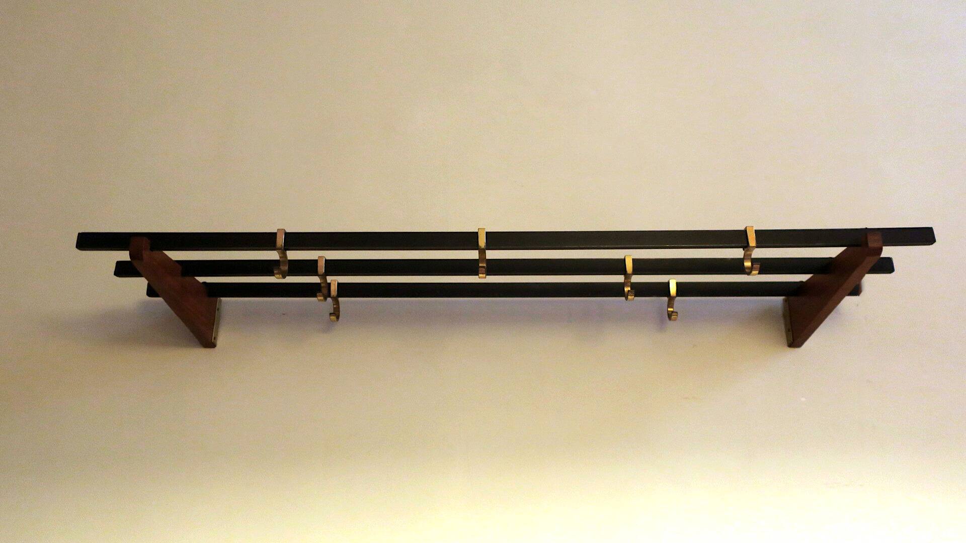Teak and brass coat and hat rack with 7 sliding hooks, 1960s