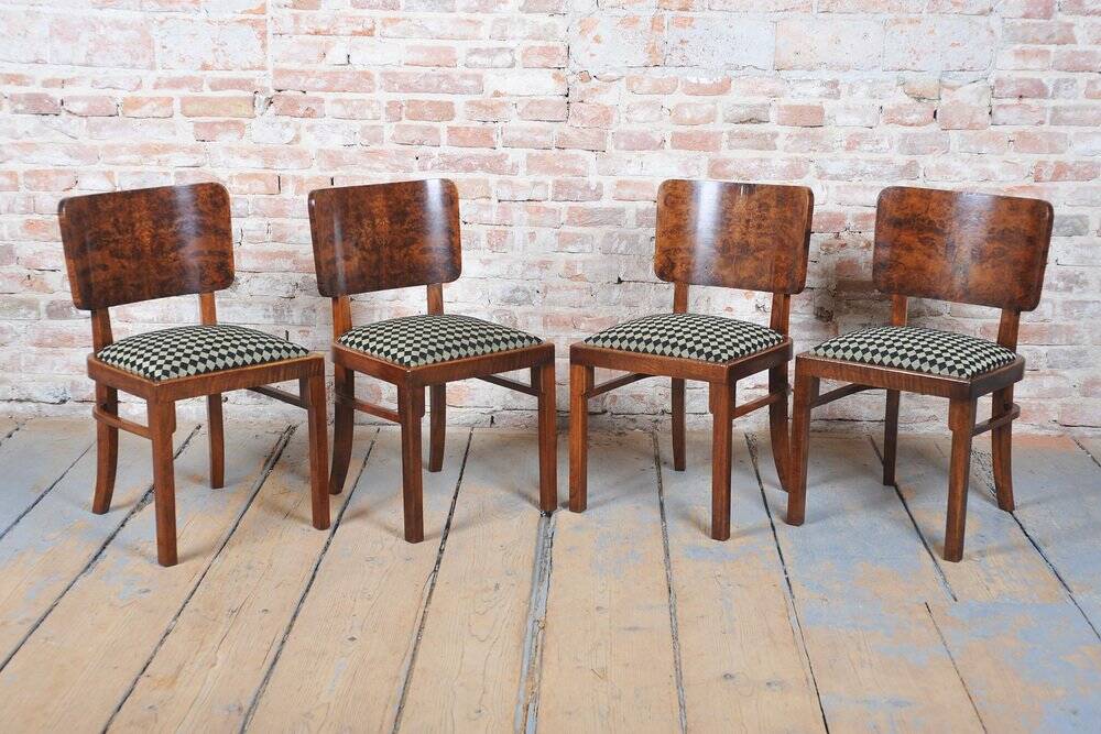 Art Deco Dining Set in Beech, Spruce and Walnut Veneer, Czech, 1920s, Set of 5