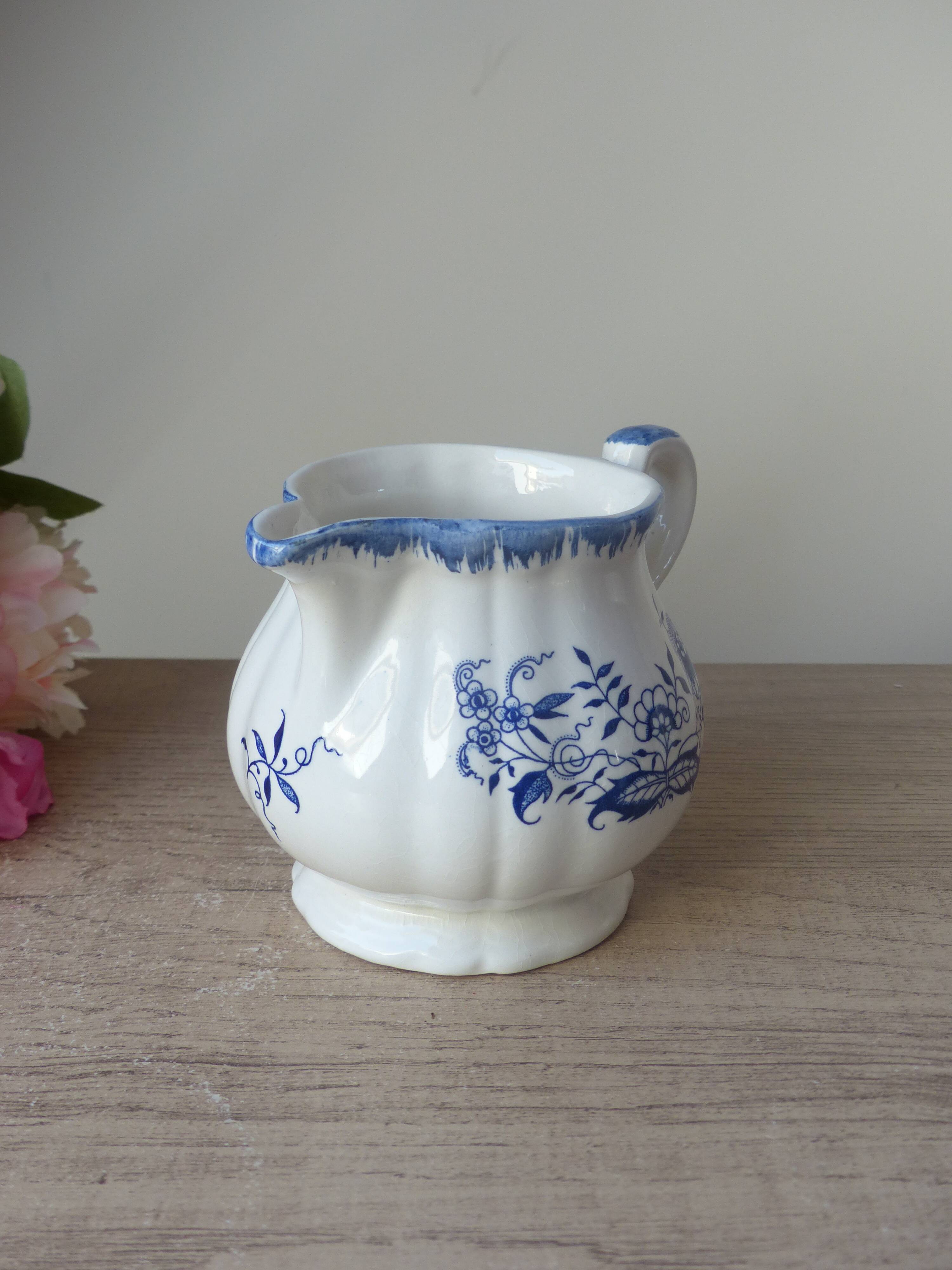 Old Milk Jug, Creamer, Jug, Sarraguemines Lancaster Vintage Blue Flowers Decor