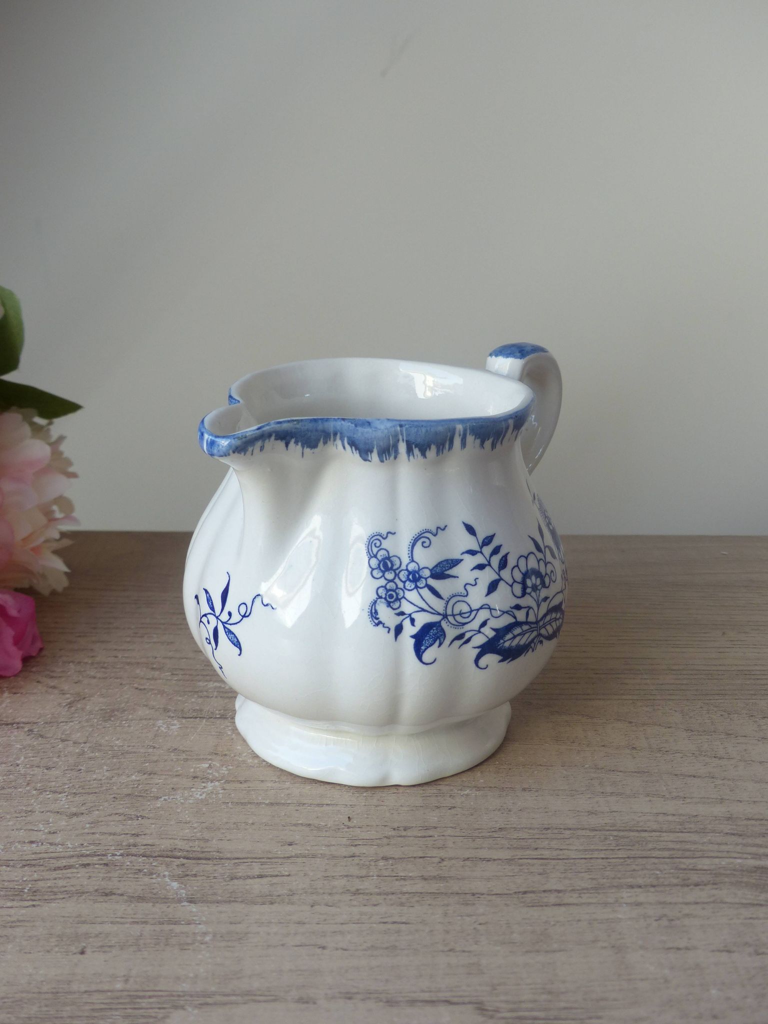 Old Milk Jug, Creamer, Pourer, Sarraguemines Lancaster Blue Flower Decor Vintage
