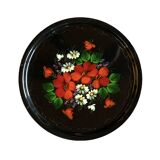Vintage round tray in enamelled sheet metal - hand-painted floral decoration