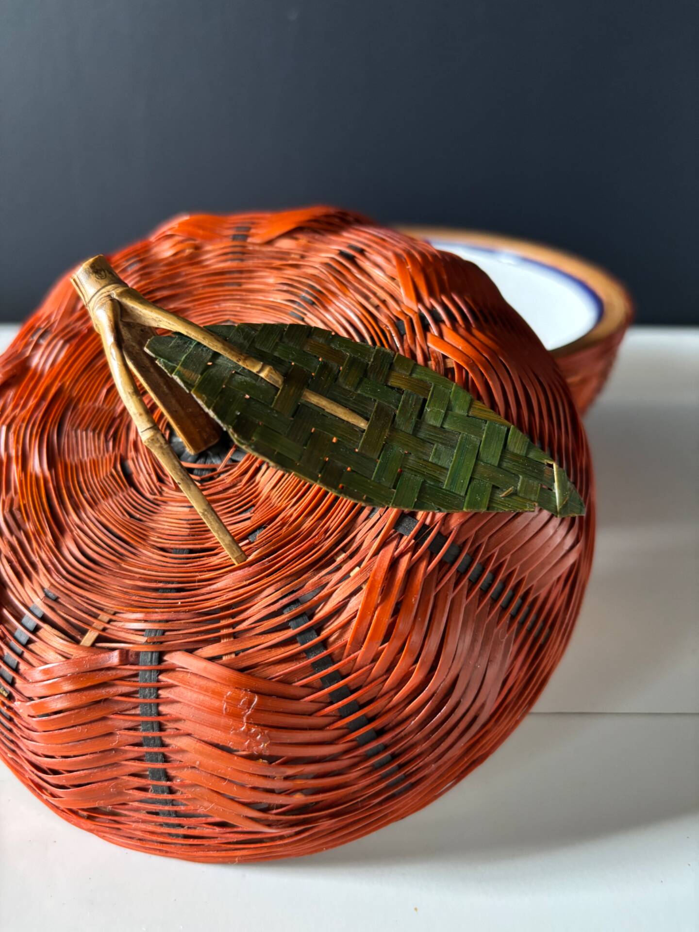 Vintage woven basketwork box – decorative apple shape