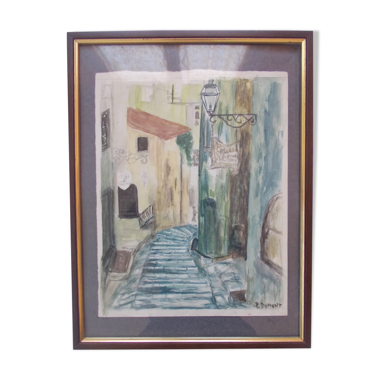 Aquarelle montée de l'eglise à st paul de vence (alpes maritimes 06) signed pierre dumont 1975, frame