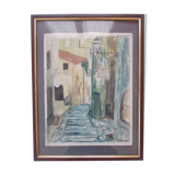Aquarelle montée de l'eglise à st paul de vence (alpes maritimes 06) signed pierre dumont 1975, frame