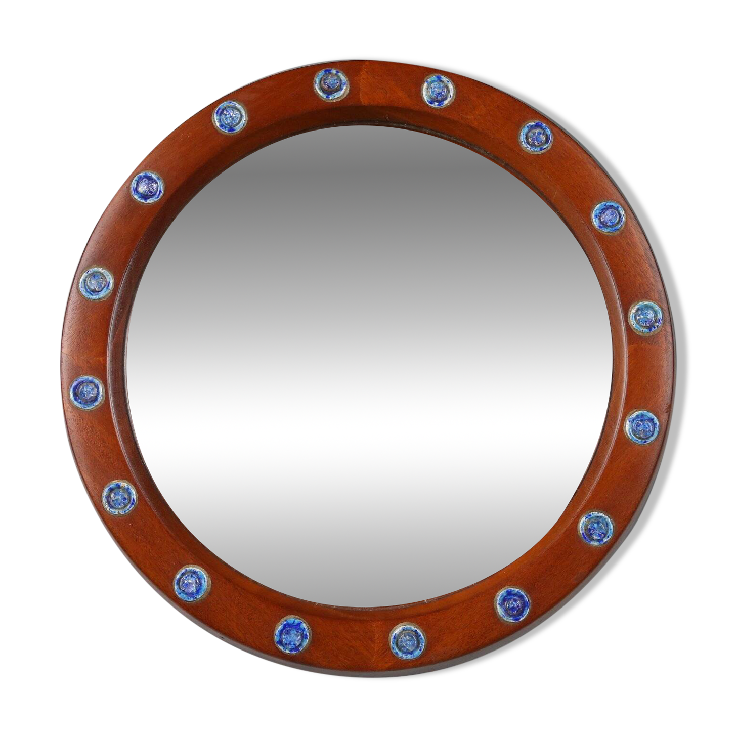 French round wooden mirror with elegant blue and white glass decoration, 19