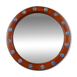 French round wooden mirror with elegant blue and white glass decoration, 19