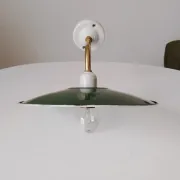 Antique wall light with a swan neck in enamelled metal, porcelain, and brass.