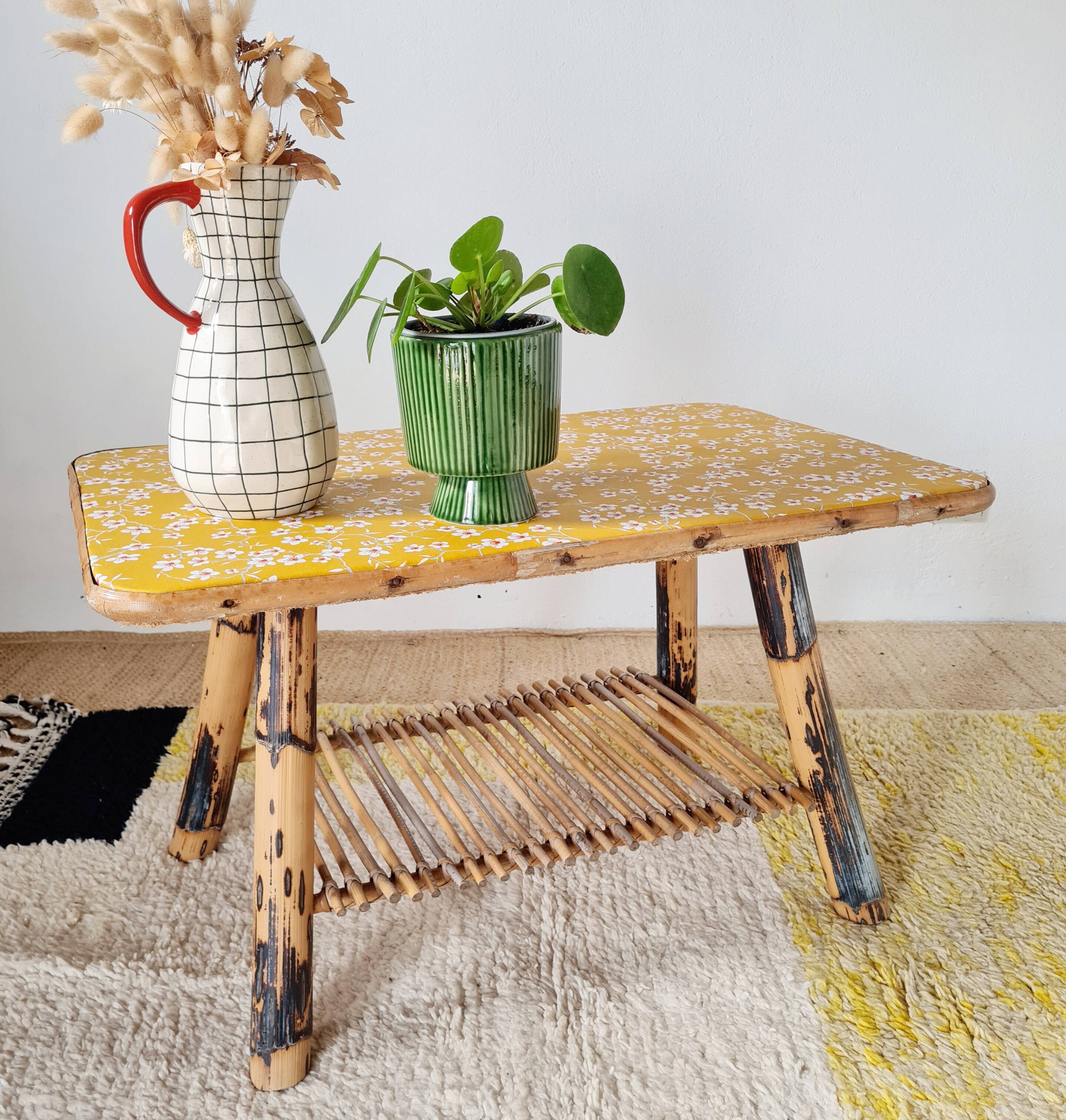 Antique rattan coffee table - yellow floral top