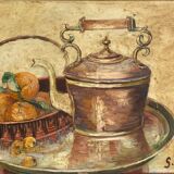 Old painting, still life with teapot and fruit, dated 1932 and signed