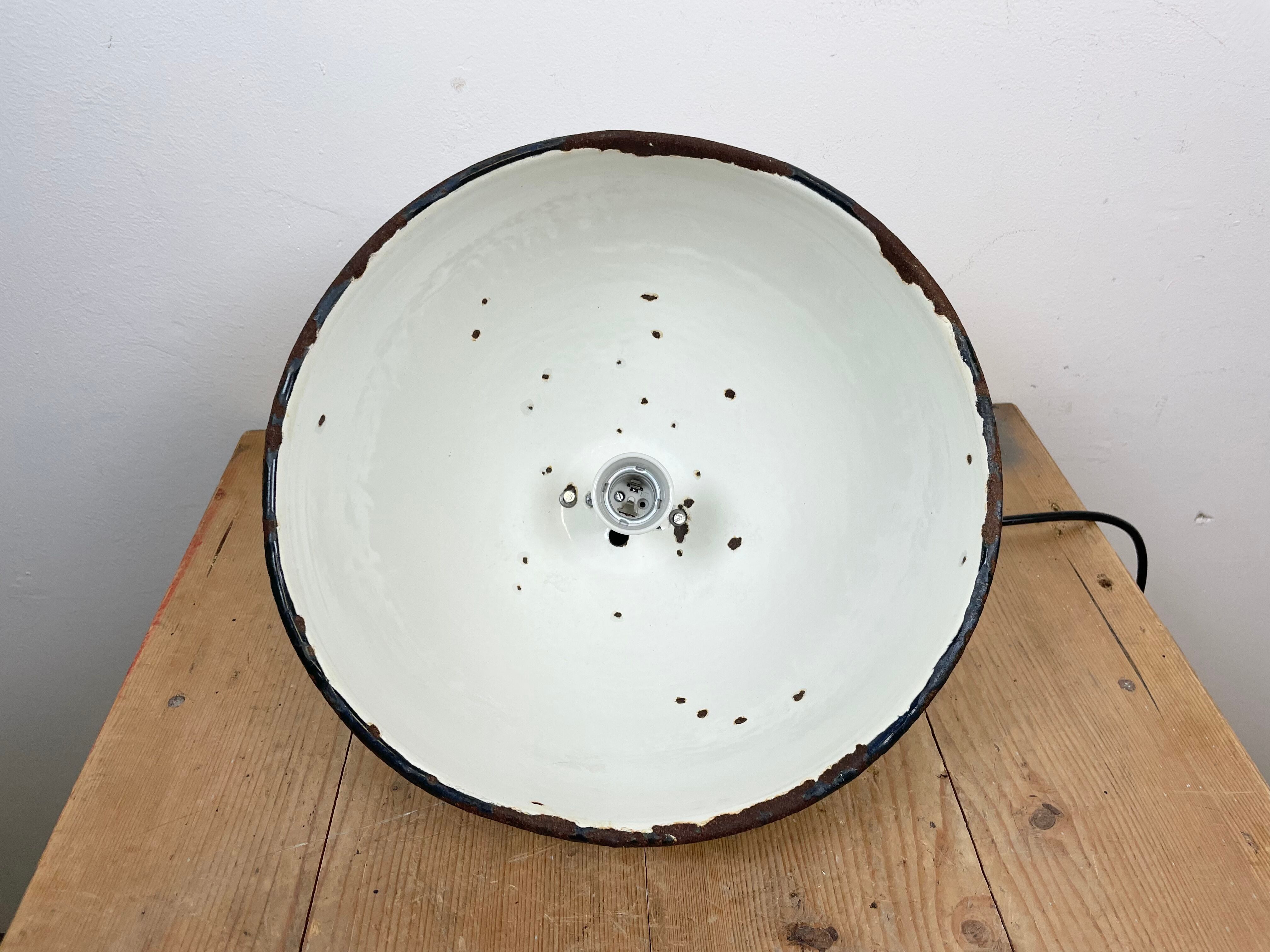Industrial White Grey Enamel Factory Lamp with Cast Iron Top, 1960s