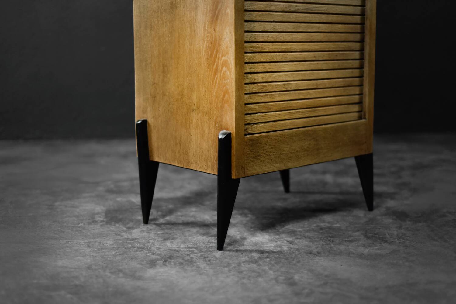 Vintage Industrial Danish Roller Shutter Brown Oak Cabinet with Drawers