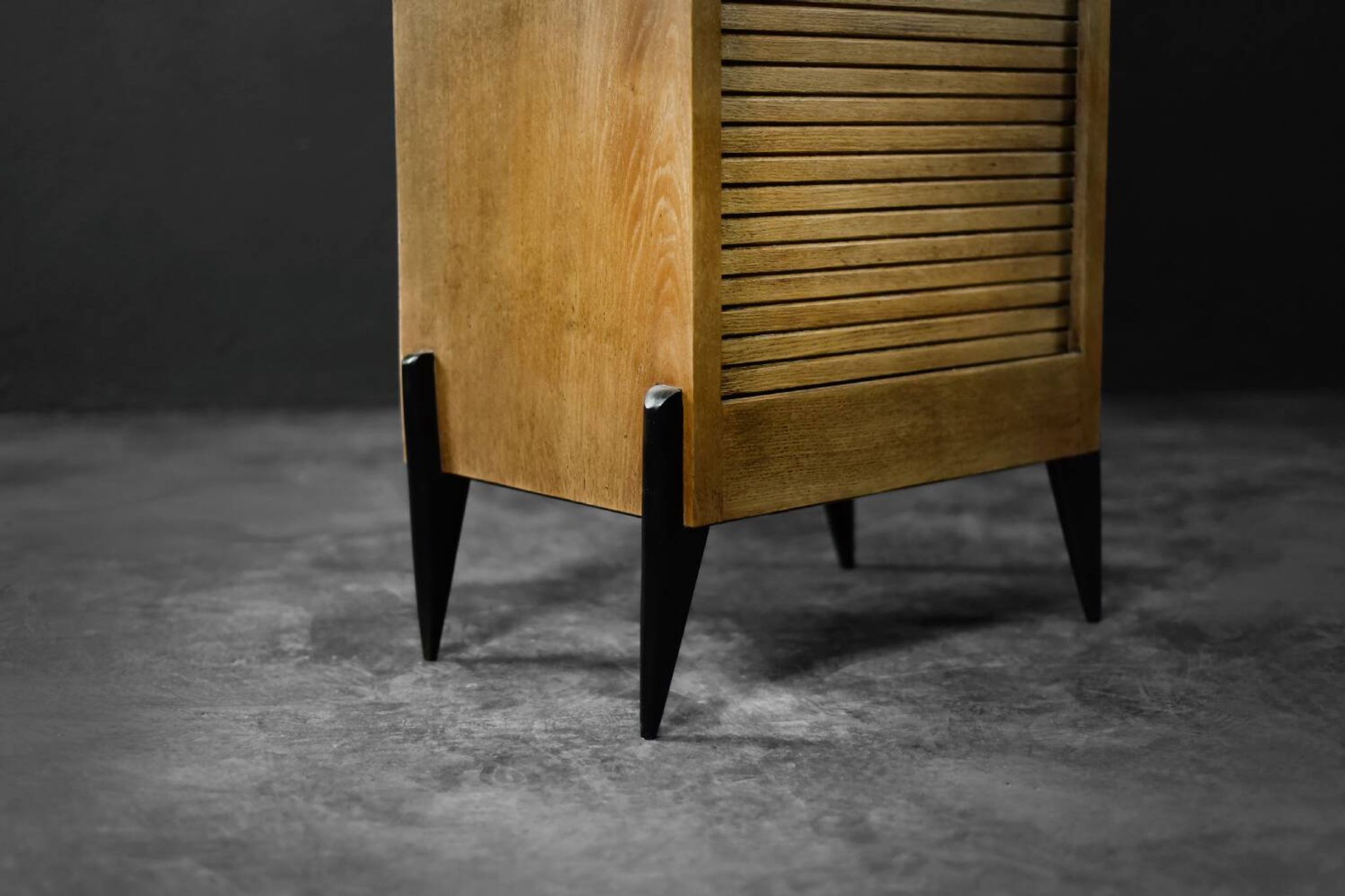 Vintage Industrial Danish Roller Shutter Brown Oak Cabinet with Drawers