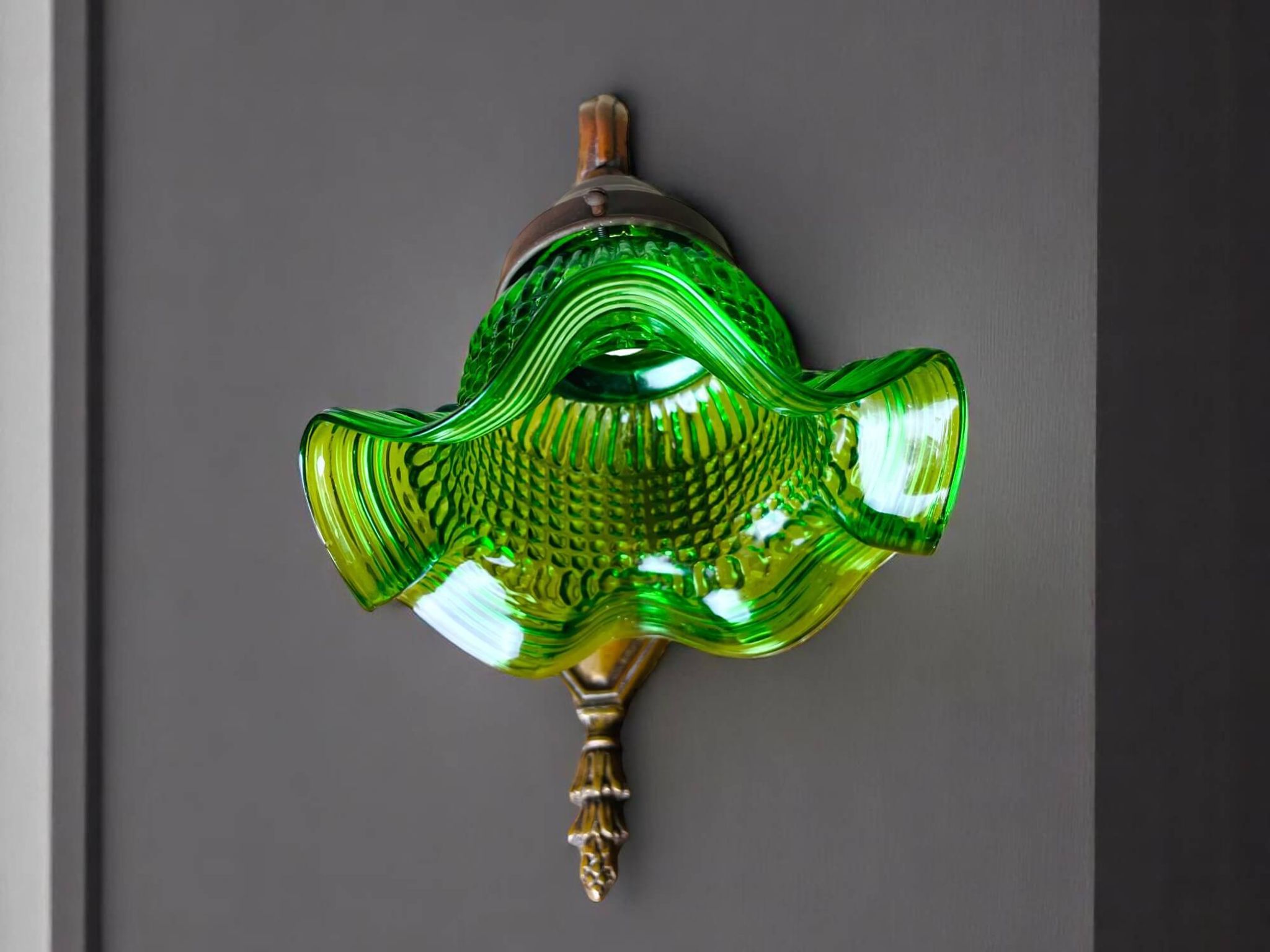 Green glass tulip brass wall sconce light