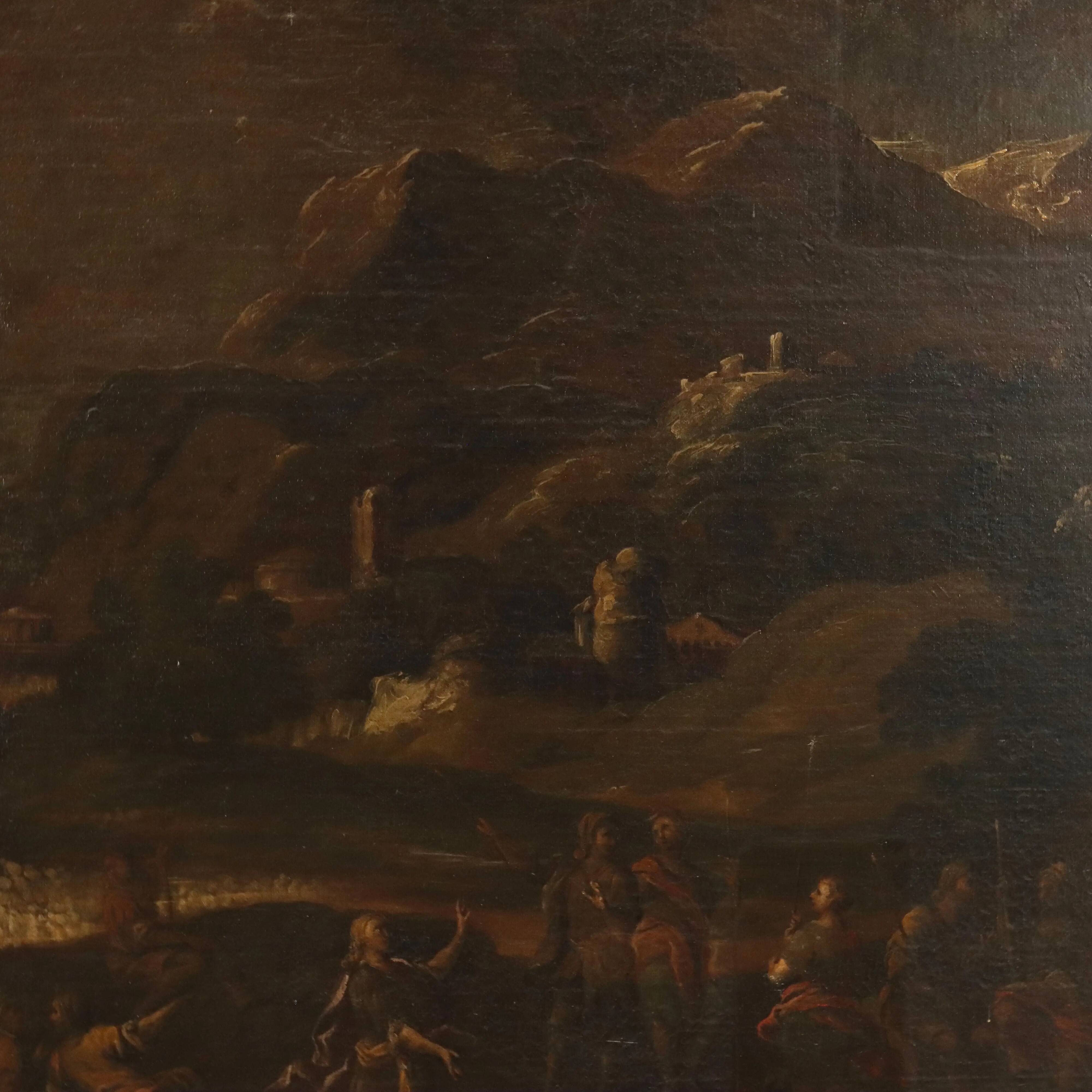 Old painting of a preaching scene, oil on canvas, 18th century.