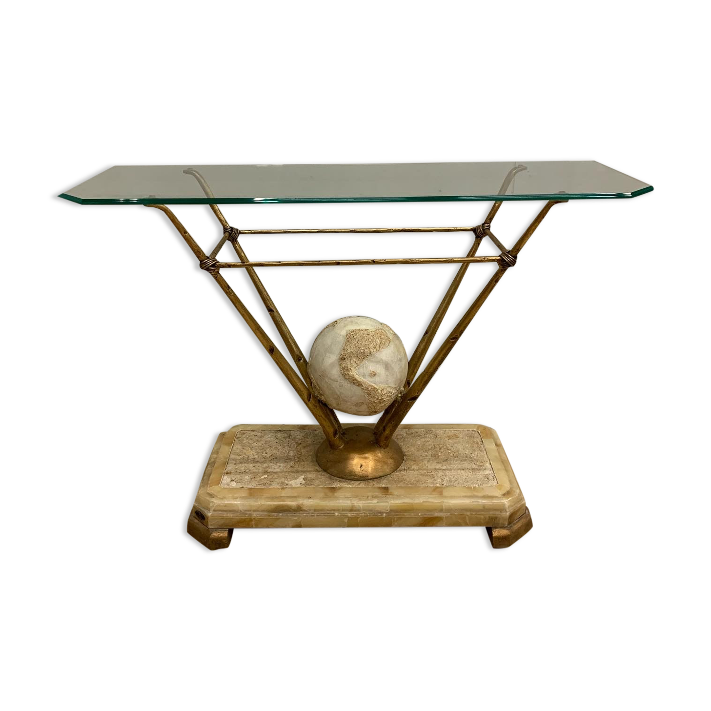 Travertine console from Fournier Paris over glass