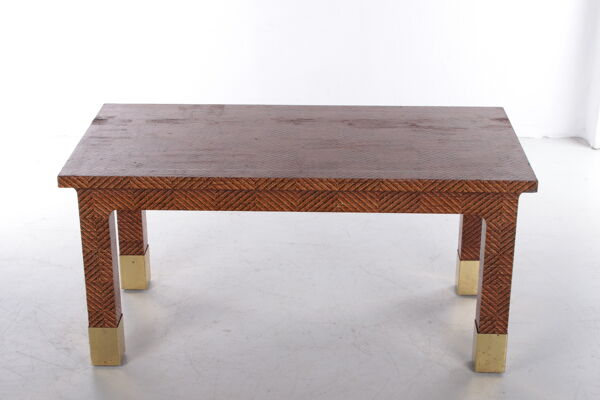 table basse rectangulaire Harrison Van Horn raffia et laiton, 1970