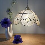 Vintage pendant lampshade in white and blue mother-of-pearl and brass