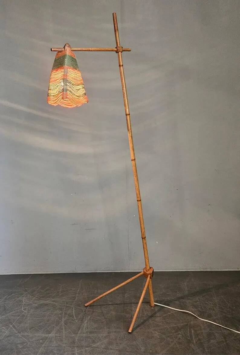 Rare Midcentury Floor Bambnoo and String Lamp, 1960s