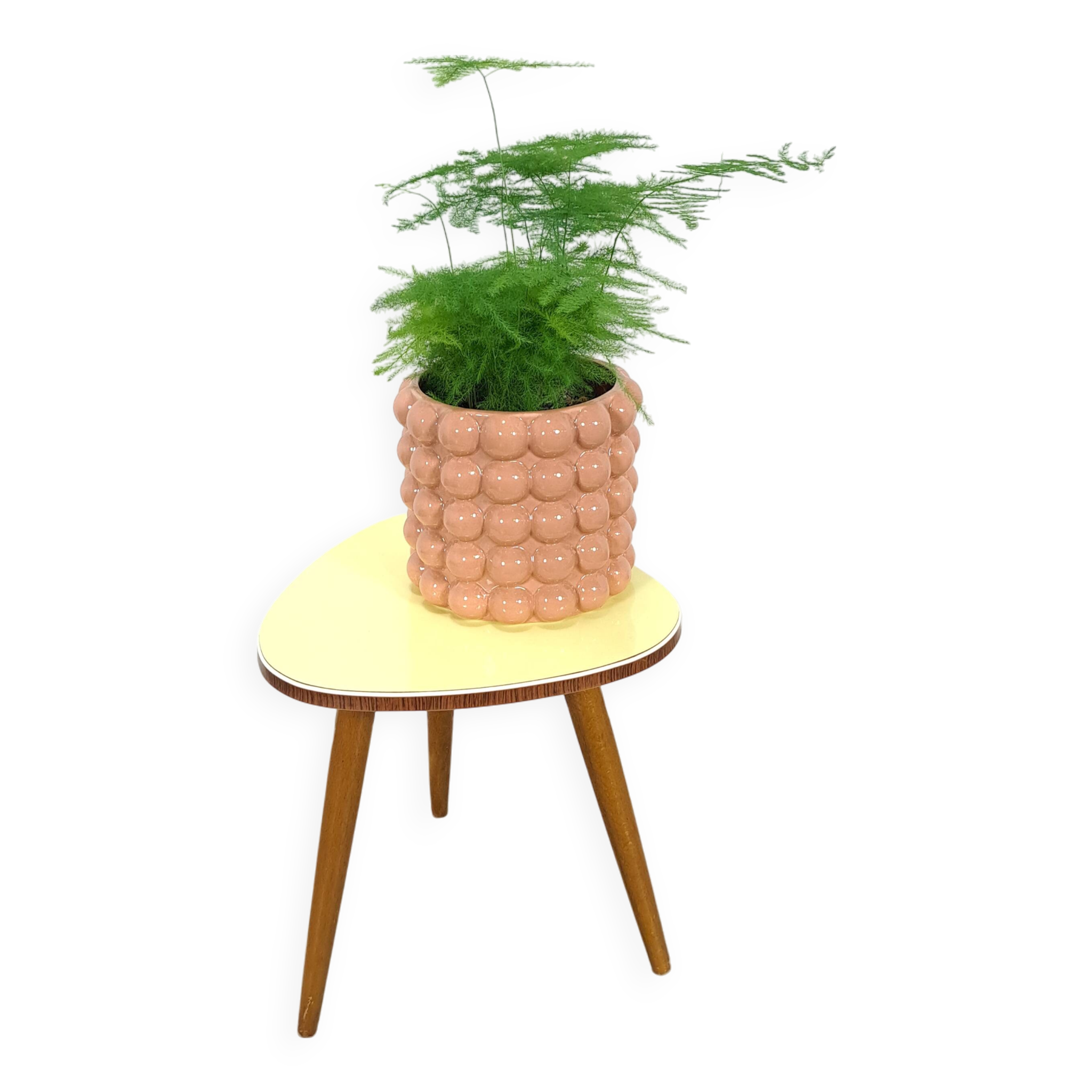 Table à plantes jaune avec pieds en bois 1950, table d'appoint