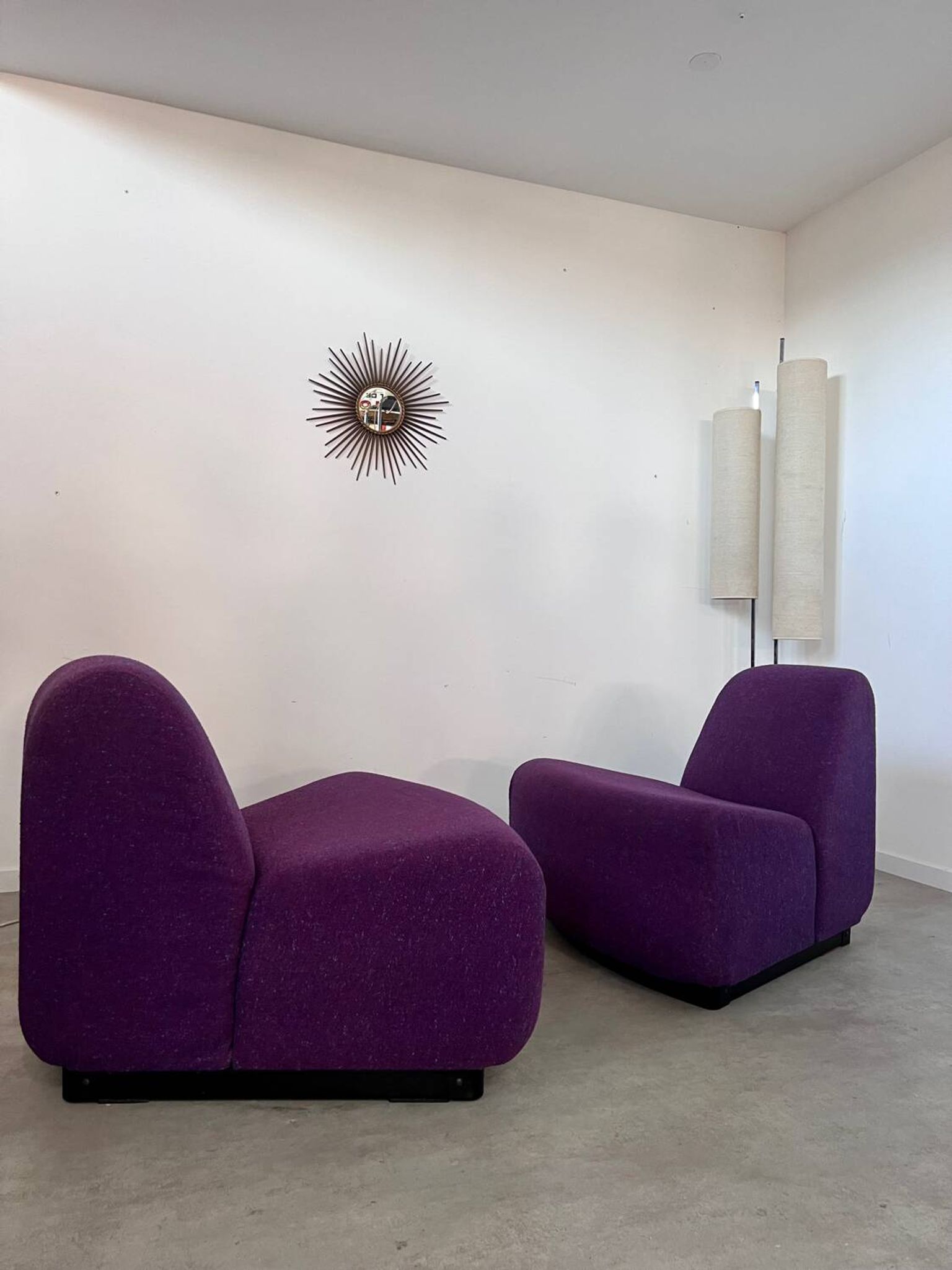 Lot 2 low chairs Space Age design from the 70s purple fabric vintage armchair