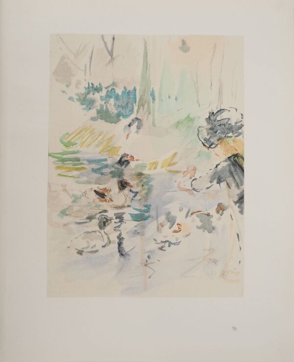 Berthe Morisot : Petite fille nourrissant des canards, lithographie signée
