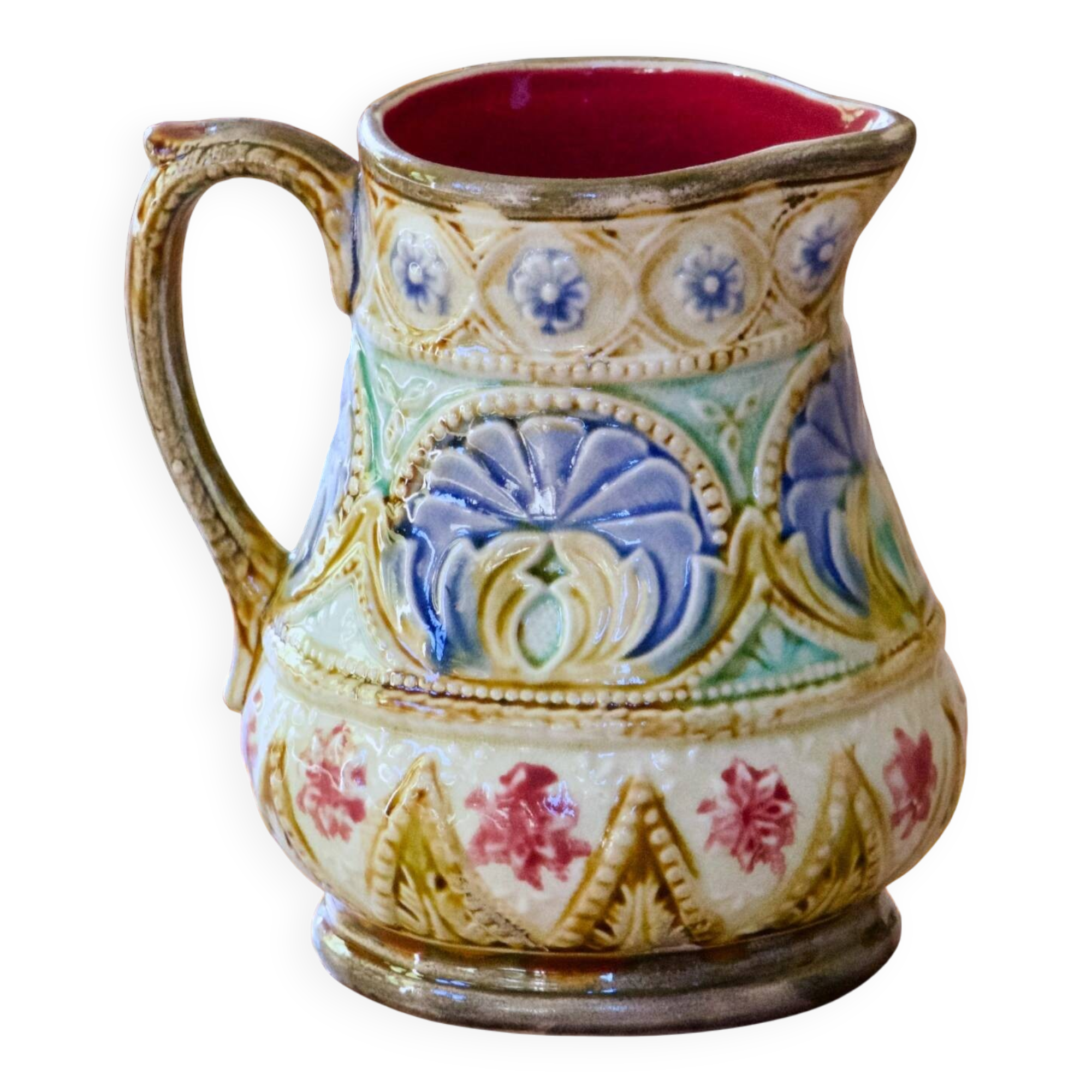 19th-century antique pitcher in polychrome majolica signed Nimy-les-Mons.