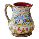 19th-century antique pitcher in polychrome majolica signed Nimy-les-Mons.