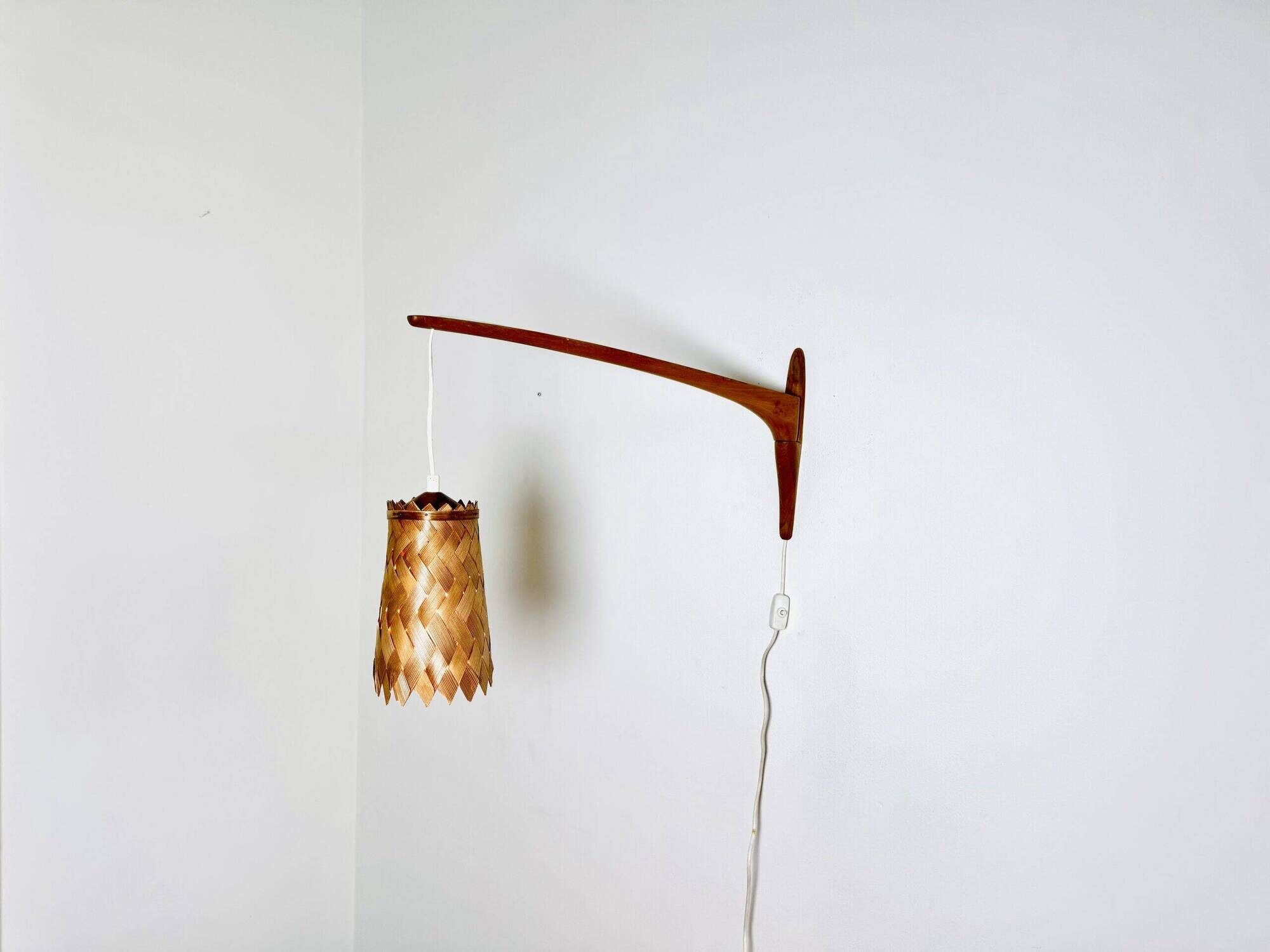 Swivel Arm Teak Wall Lamp With Pine Veneer Shade By Unknown Designer, Sweden 1960S