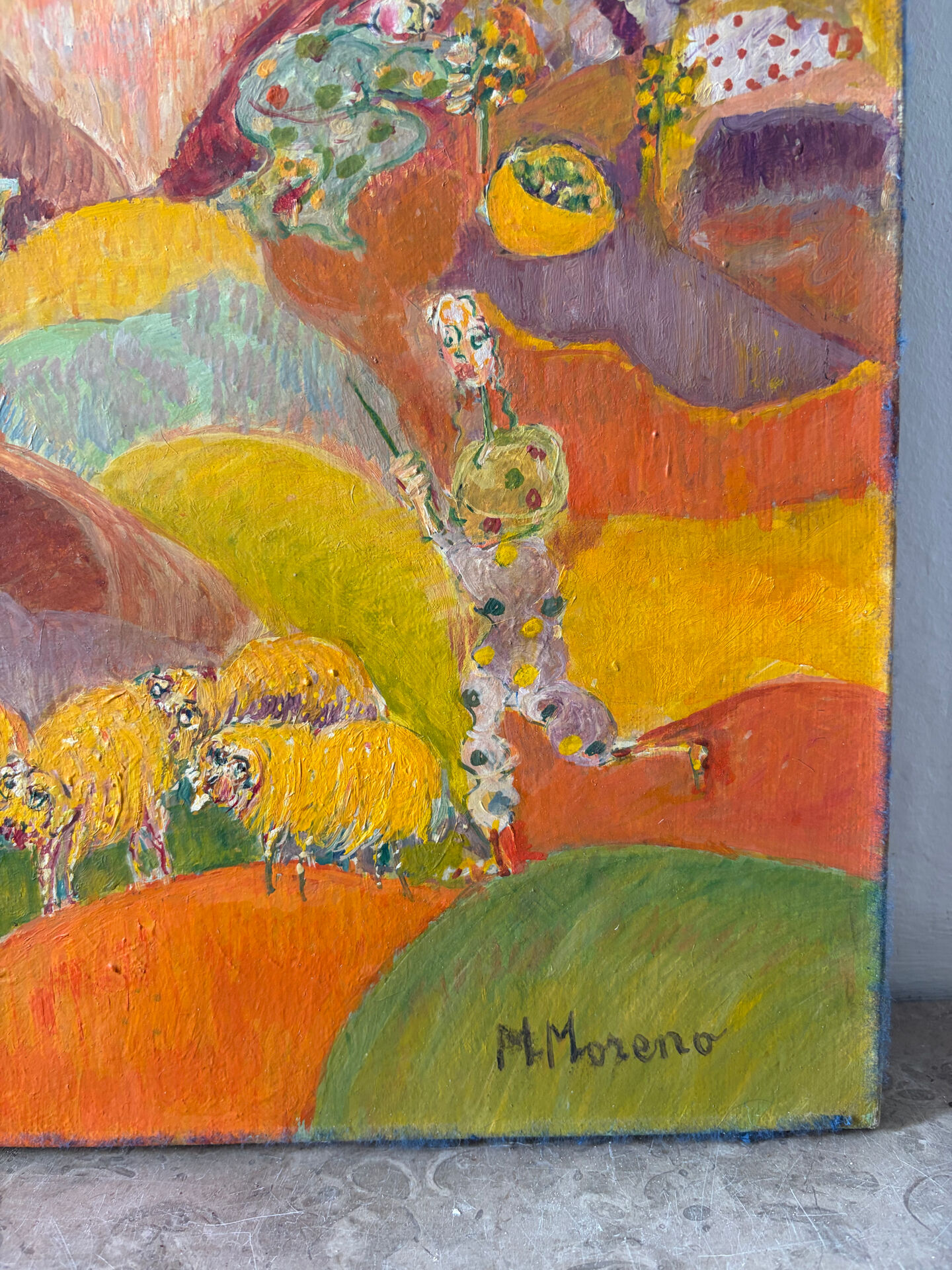 Naive painting: shepherd with sheep, oil on canvas signed