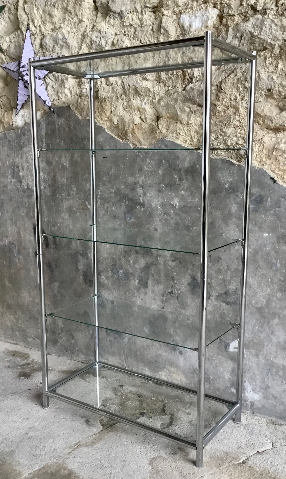 Shelf on chromed metal legs and glass tops 1970