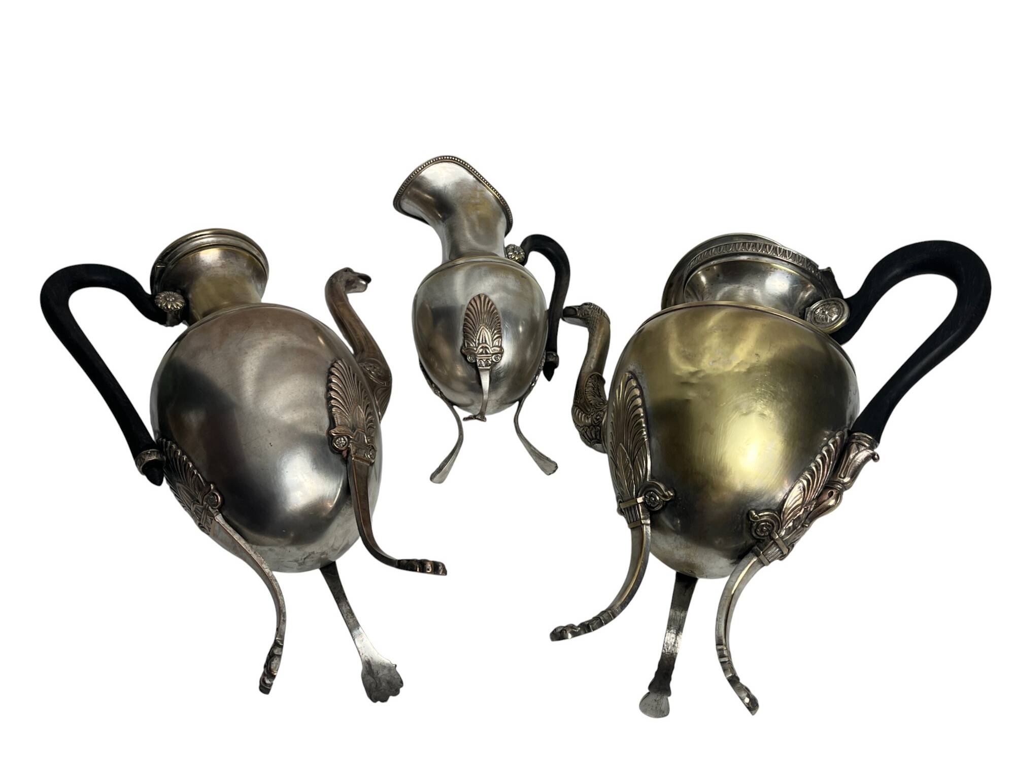 Set of three silver-plated tripod jugs, Empire, late 19th century