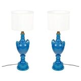 Pair of table lamps by Pol Chambost (1906-1983), blue glazed earthenware.