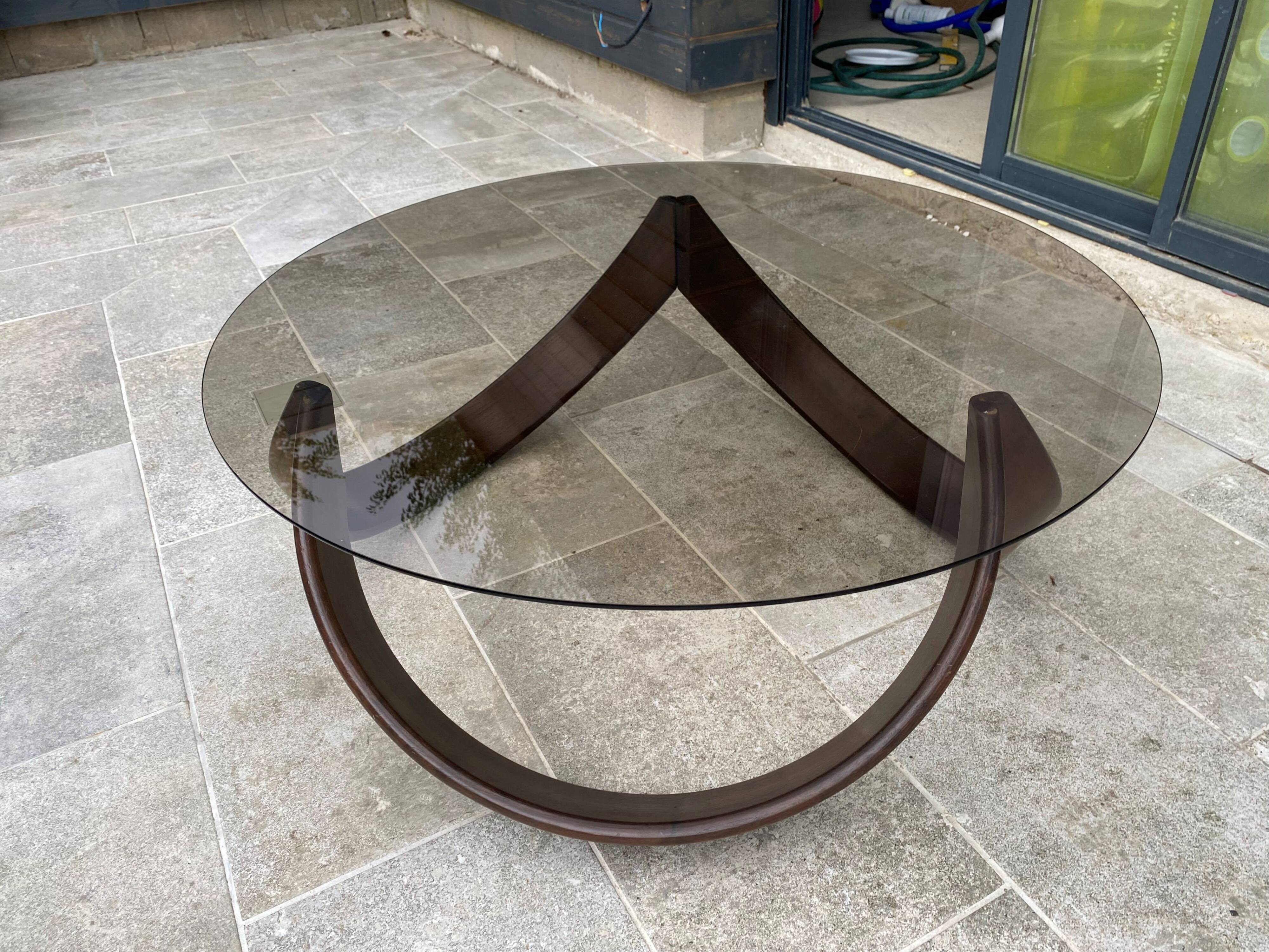 Vintage 1970s organic wood glass round coffee table