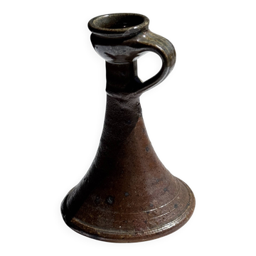 Brown stoneware candlestick with handle H19 L14