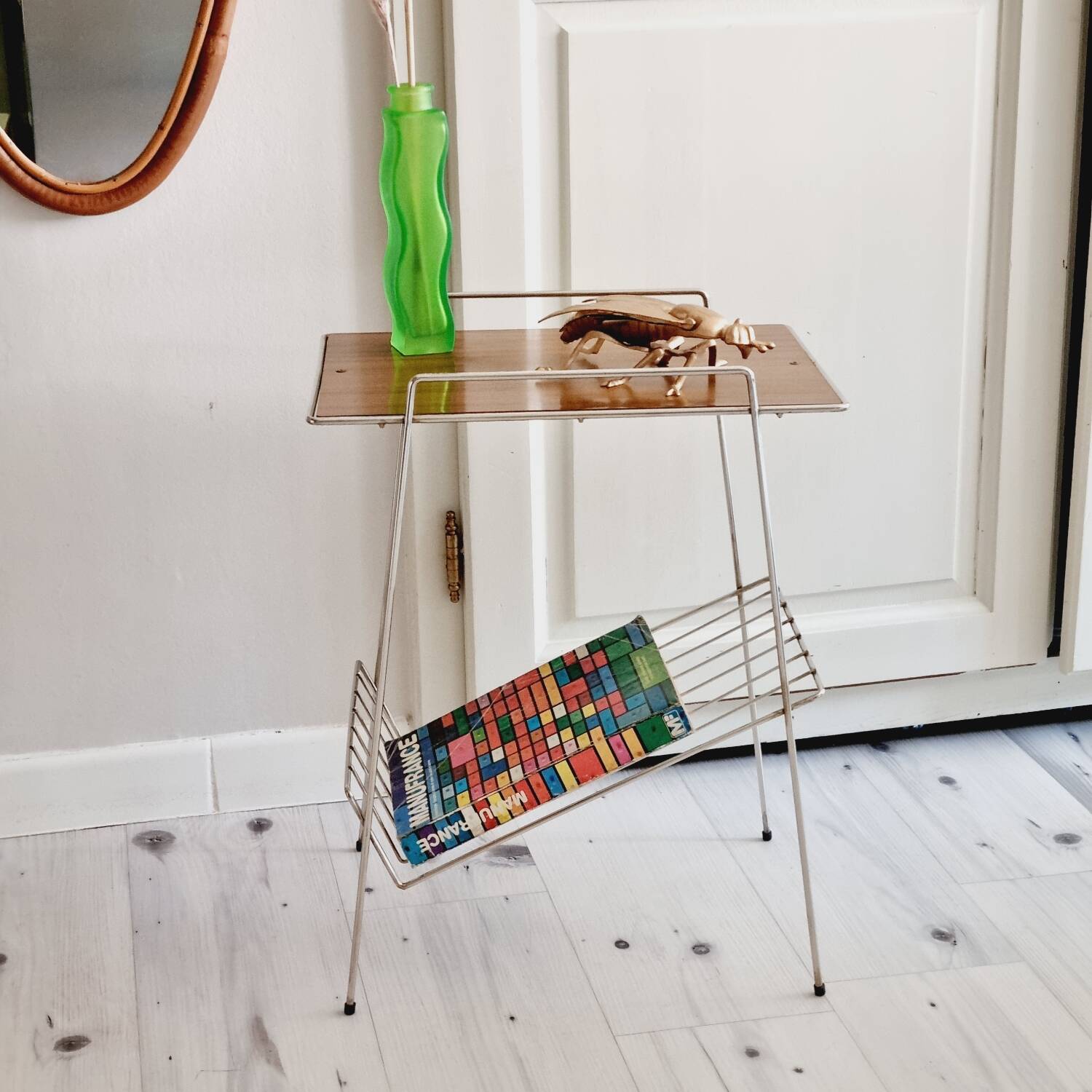 Metal and Formica magazine rack side table