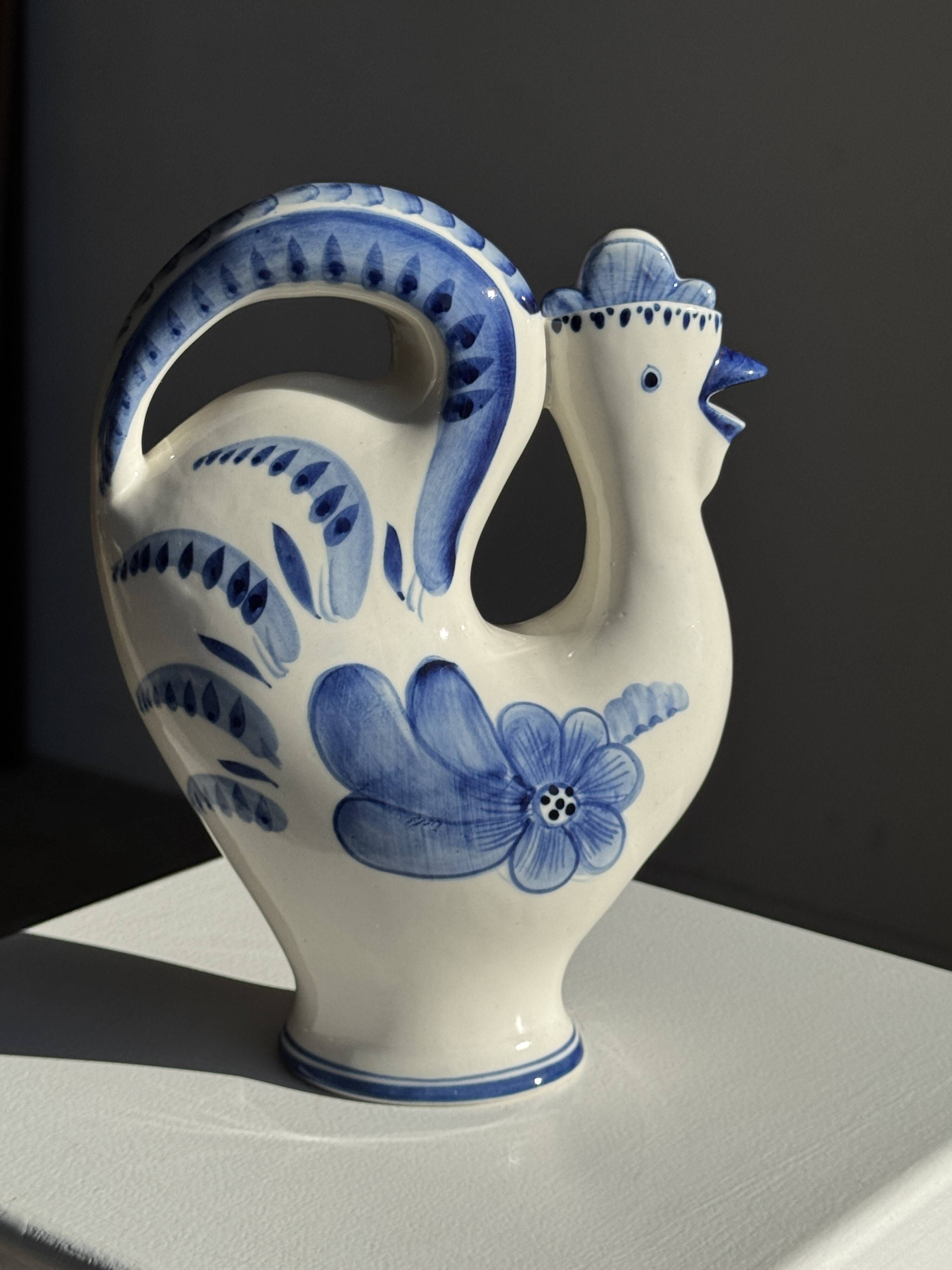 Vintage white ceramic carafe with blue Gjel-style decoration, USSR.
