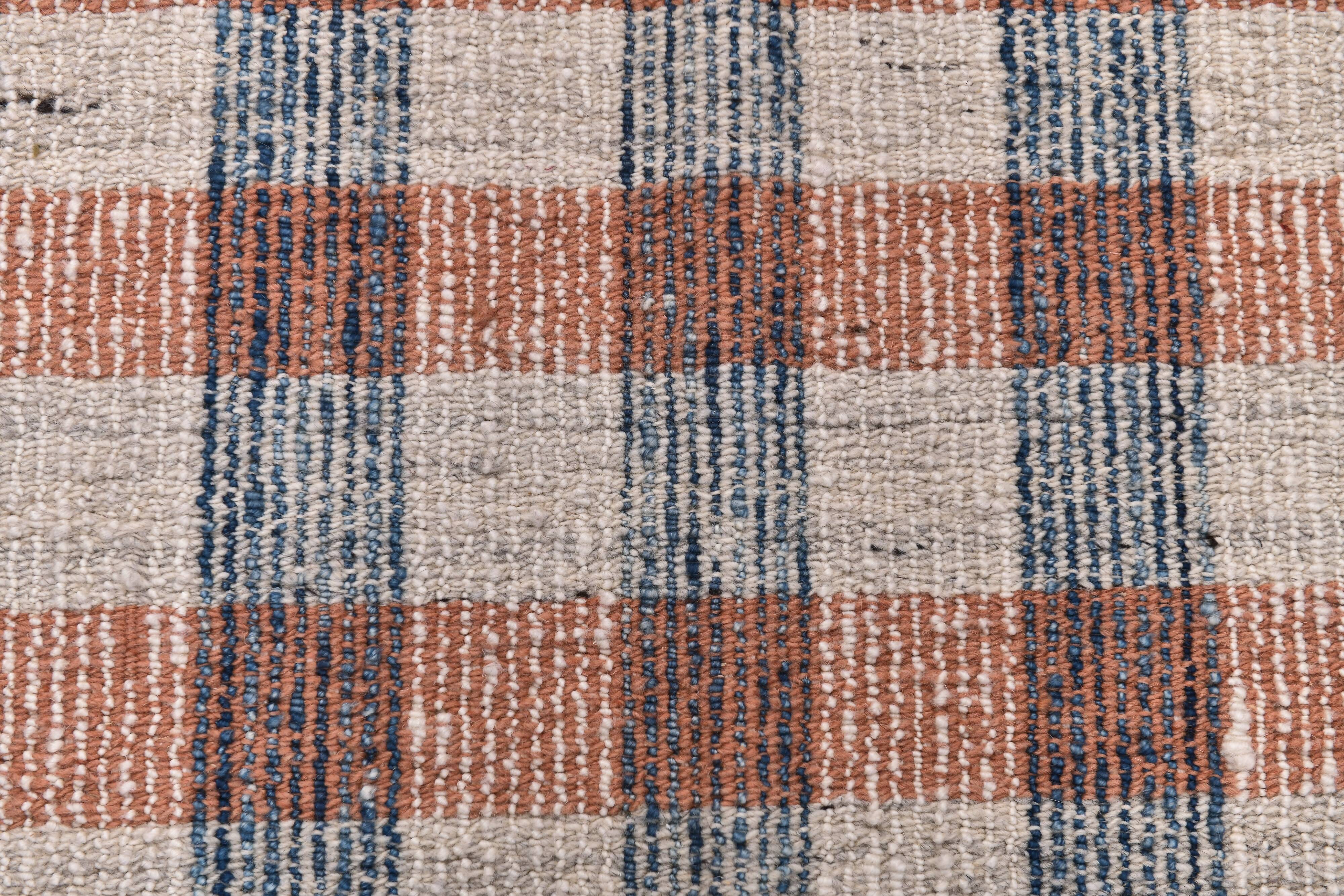 190x290 cm organic wool made kilim , orange blue wool kilim, kilim stripe