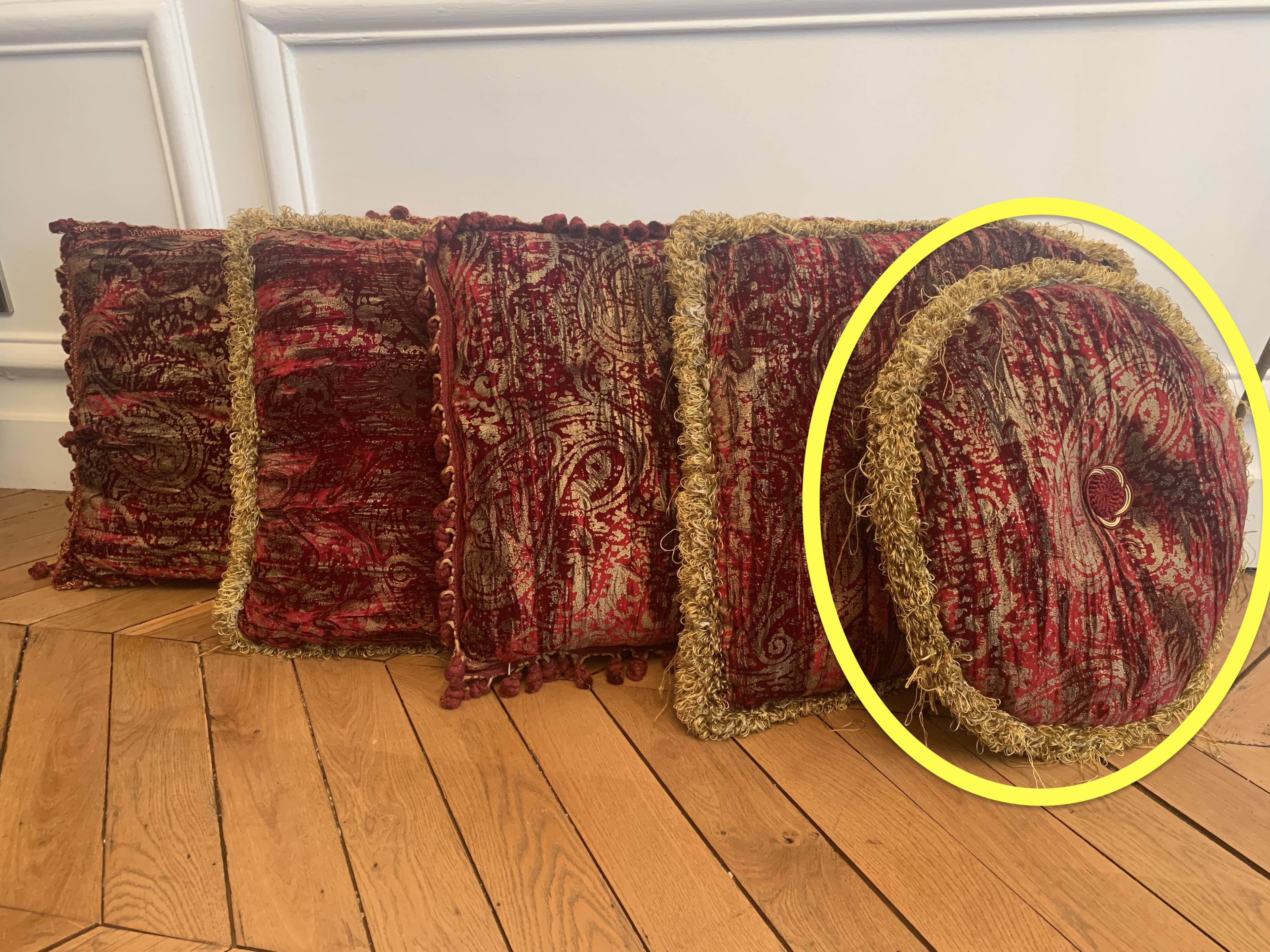 Round Velvet Cushion in Red and Gold