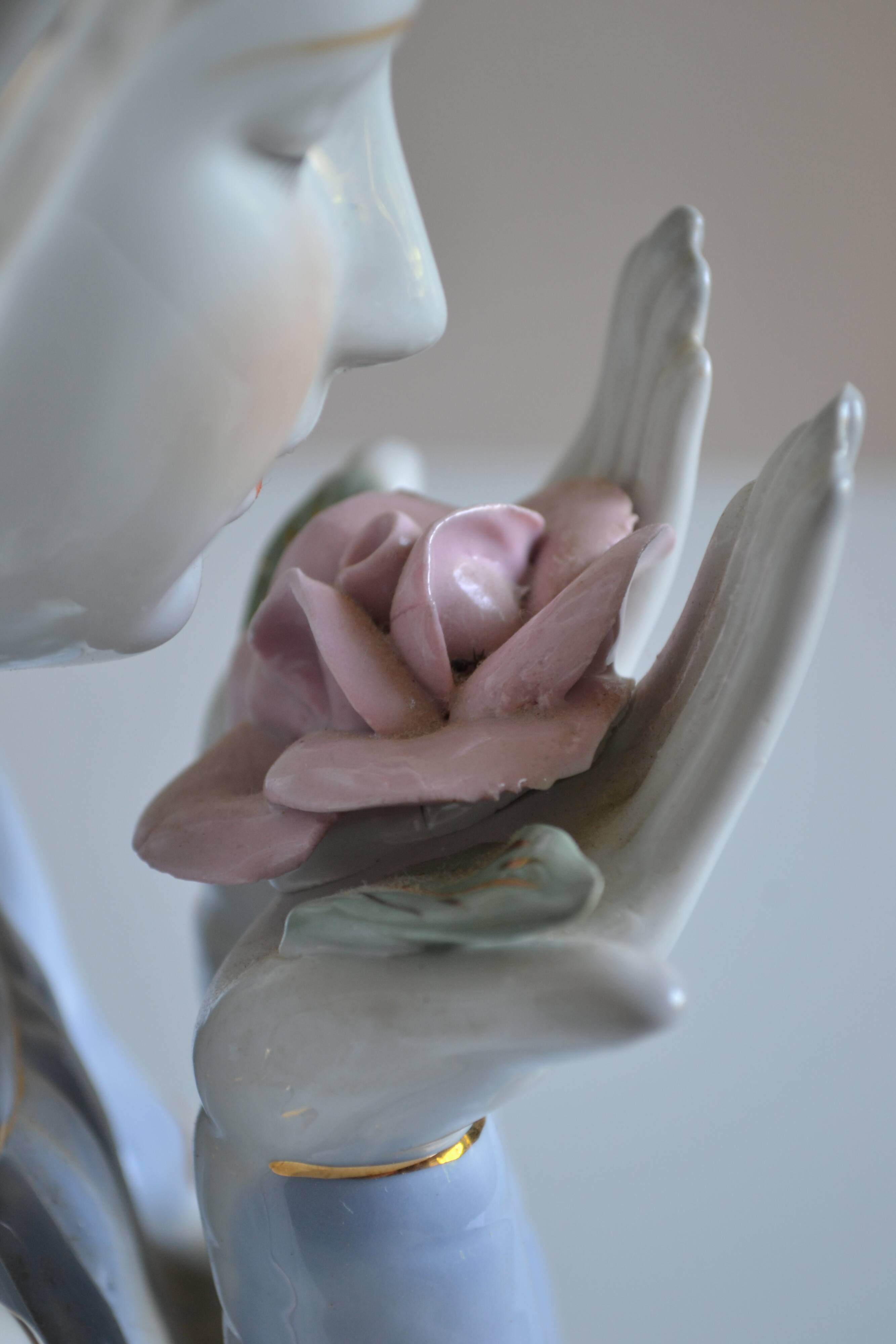 Virgin Mary statue bust in polychrome porcelain Virgin with crown of roses