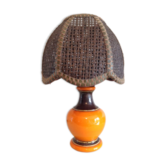 Lampe en ceramique orange et abat jour canné marron par Pan Keramik / années 60-70